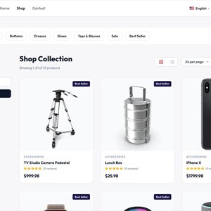 May include: A screenshot of the SnapShop e-commerce website displaying a product collection page. The interface features a sidebar with filters, a top navigation menu, and a grid of product listings including a camera tripod, a metal lunch box, and an iPhone X.