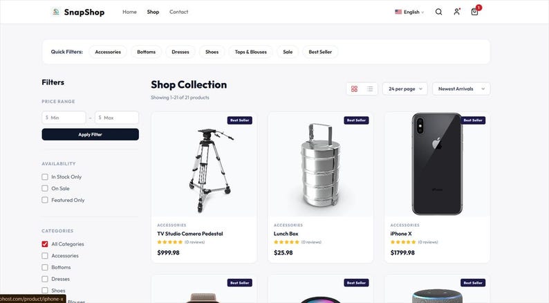 May include: A screenshot of the SnapShop e-commerce website displaying a product collection page. The interface features a sidebar with filters, a top navigation menu, and a grid of product listings including a camera tripod, a metal lunch box, and an iPhone X.