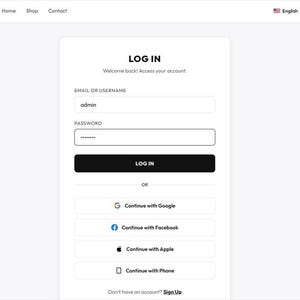May include: A digital login interface for SnapShop featuring a central white box with fields for email or username and password. It includes a black log in button and options to continue with Google, Facebook, Apple, or phone, plus a sign up link.