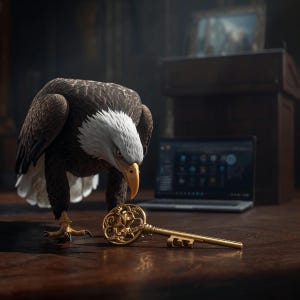 May include: A bald eagle with brown and white feathers and a yellow beak examines a golden key on a wooden table. A laptop displaying a user interface is in the background. The scene is set in a dimly lit room with a podium.