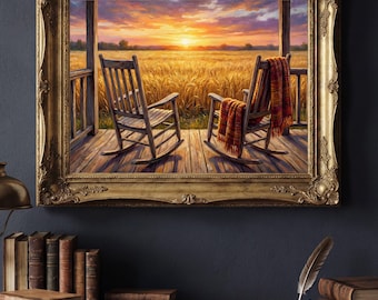 Peaceful Porch Digital Wall Art, Golden Wheat Field Sunset Print, Cozy Rocking Chair Landscape for Living Room Download
