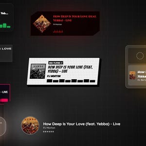 Puede incluir: Un fondo oscuro presenta múltiples diseños de interfaz de reproductor de música. Los diseños muestran el título de la canción "How Deep Is Your Love (feat. Yebba) - Live" de PJ Morton. Los diseños varían en forma y color.