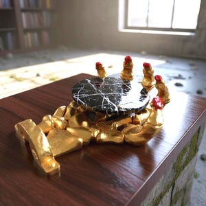 May include: A unique, gold-colored table with a hand-shaped base supporting a round, black and white marble top. The fingertips are painted red. The table is set on a dark wood surface.