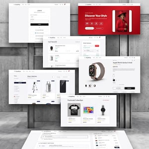 May include: A digital display of an e-commerce solution titled ECOMMERCE SOLUTION FULL-STACK | MULTI-VENDOR | FAST LAUNCH. The layout features multiple web pages including a login screen, a red promotional banner, a shopping cart, and product pages.