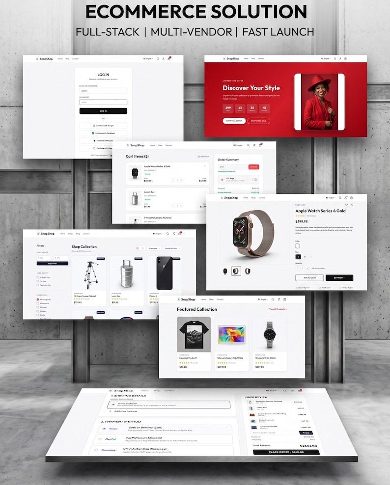 May include: A digital display of an e-commerce solution titled ECOMMERCE SOLUTION FULL-STACK | MULTI-VENDOR | FAST LAUNCH. The layout features multiple web pages including a login screen, a red promotional banner, a shopping cart, and product pages.