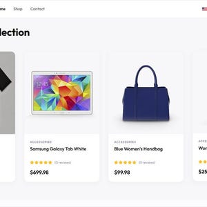 May include: A website interface titled SnapShop displaying a featured collection of four products: a black t-shirt with a mountain graphic, a white tablet with a colorful screen, a blue handbag, and a silver wrist watch with a black face.