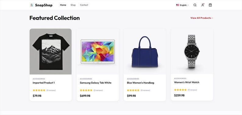 May include: A website interface titled SnapShop displaying a featured collection of four products: a black t-shirt with a mountain graphic, a white tablet with a colorful screen, a blue handbag, and a silver wrist watch with a black face.