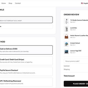 May include: A digital checkout interface for SnapShop displaying shipping details, payment methods including Cash on Delivery, Stripe, PayPal, and Razorpay, and an order review sidebar listing items like a camera pedestal, lunch box, bag, and laptop.