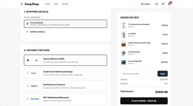 May include: A digital checkout interface for SnapShop displaying shipping details, payment methods including Cash on Delivery, Stripe, PayPal, and Razorpay, and an order review sidebar listing items like a camera pedestal, lunch box, bag, and laptop.