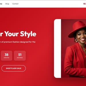 May include: A website interface with a red background featuring the text SnapShop, Discover Your Style, and a countdown timer. A photograph shows a person wearing a red hat and a red blazer against a matching red backdrop with gold earrings.
