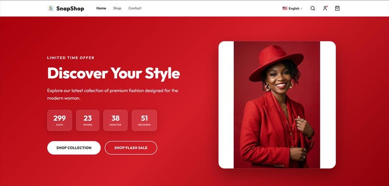 May include: A website interface with a red background featuring the text SnapShop, Discover Your Style, and a countdown timer. A photograph shows a person wearing a red hat and a red blazer against a matching red backdrop with gold earrings.