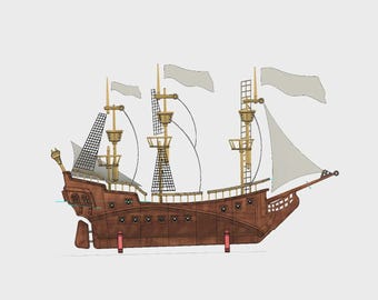 May include: A detailed illustration of a brown wooden pirate ship with white sails and flags. The ship has multiple masts, rigging, and a detailed hull. The ship is a classic pirate ship design.