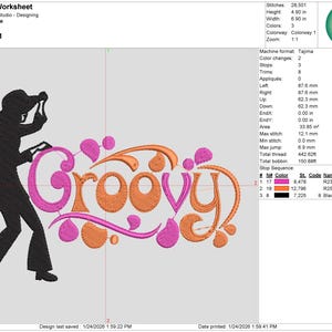 Könnte beinhalten: Ein Stickdesign mit dem Wort "Groovy" in orangefarbener und rosa Schrift und einer Silhouette einer Person. Das Design ist 17,5 cm breit und 10,2 cm hoch. Das Design hat 3 Farben.