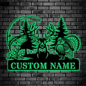 Custom Deer Turkey Hunting And Bass Fishing Metal Wall Art Hunting Sign Personalized Hunter Name Sign Home Decor Cabin Decor Birthday Gift