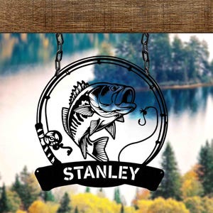 Personalisierte Fisch Metallschild mit LED-Licht, benutzerdefinierte Outdoor Bass Fischen Zeichen, Angeln Geschenk für Männer, Fischer Geschenk, Trauzeugen Geschenk
