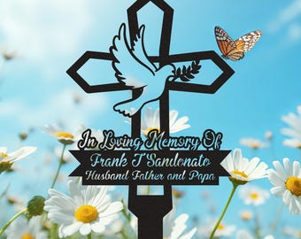 Custom Memorial Garden Stakes, Dove Heart Memorial Stake, Cross Stake Dad Memorial Plaque Gift, In Loving Memory Metal Cross, Grave Marker