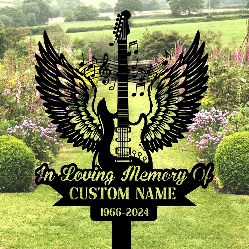 Guitarist Heaven Memorial Metal Stake,electric Guitar With Wings Metal ...