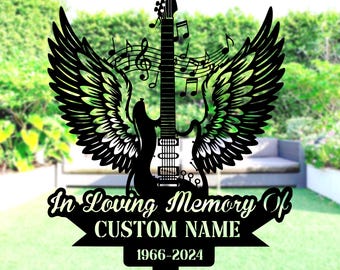 Guitarist Heaven Memorial Metal Stake,Electric Guitar With Wings Metal Memorial Stake,Guitarist Grave Marker,Sympathy Sign,Remembrance Stake