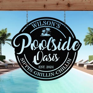 Personalized Poolside Oasis With LED Lights, Custom Backyard Oasis Sign Decor, Family Bar and Grill Outdoor Pool Decor, Backyard Bar Decor