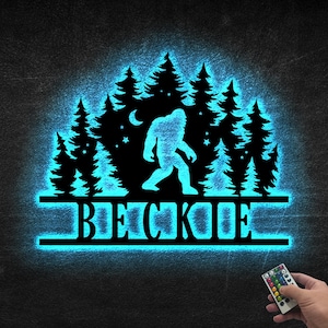 Personalized Sasquatch Metal Wall Art With Led Light, Bigfoot in Forest, Bigfoot Name Sign, Lodge Cabin Decor, Bigfoot Welcome Sign