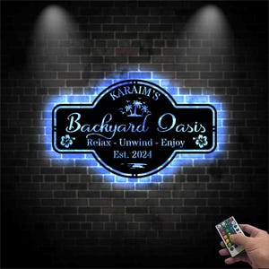 Custom Backyard Oasis Sign Patio Decor Gift, Custom Backyard Pool Metal Sign LED, Outdoor Wall Decor, Personalized Pool Signs for Outdoor