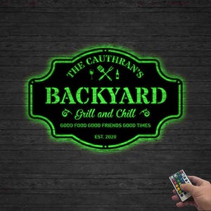 Letrero LED personalizado para patio, letrero de metal para bar y parrilla, letreros de bar, letreros de metal para cocina al aire libre, letreros de papá, letreros de barbacoa