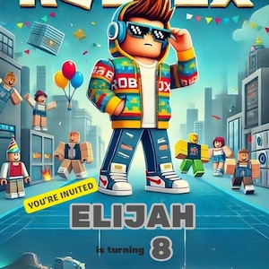 Könnte beinhalten: Eine Geburtstagseinladung mit Roblox-Thema, die eine Figur in einer Stadt zeigt. Die Einladung enthält den Namen "Elijah" und die Zahl "8" sowie Datum, Uhrzeit und RSVP-Informationen. Das Roblox-Logo befindet sich oben.