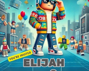 Bewerkbare Roblox-verjaardagsuitnodiging – Canva-sjabloon – uitnodiging voor kinderfeestje – Digitale download – Gamingthema – Direct bewerkbare uitnodiging