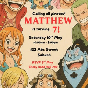 Modello di invito di compleanno a tema One Piece - Invito modificabile per festa a tema pirati per bambini - Tema anime - Download immediato - Canva Digital Invite