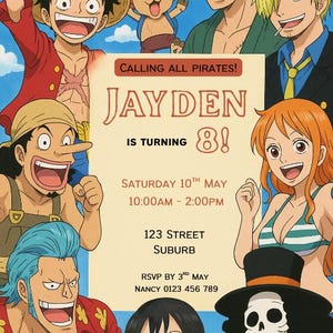 One Piece Birthday Invitation Template - Editable Kids Pirate Party Invite - Anime Theme - Instant Download - Canva Digital Invite