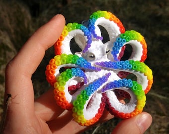 Light Bright Rainbow - Hand-sculpted Polymer Clay Octopus Pendant, Round Amulet Shape