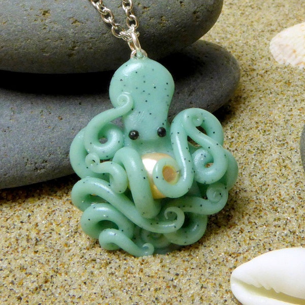 Speckled Jade Polymer Clay Octopus Necklace Clutching a Real Freshwater Pearl