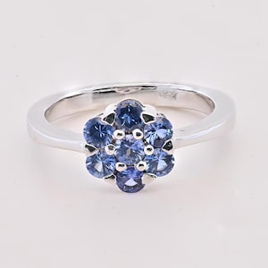 18k White Gold Blue Sapphire Statement Ring, Flower Ring