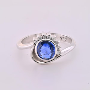 14k White Gold Blue Sapphire & Diamond Statement Ring / Blue Sapphire Engagement Ring