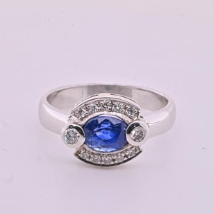 14k White Gold Blue Sapphire & Diamond Statement Ring / Blue Sapphire Engagement Ring