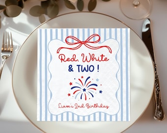 Personalized Red White Two Birthday Napkins, Fourth of July Party Supplies