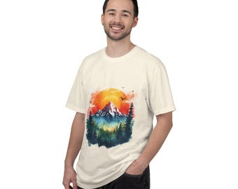 Sunset Mountain Landscape T-shirt | Pine Forest, Watercolor Mountain Scene