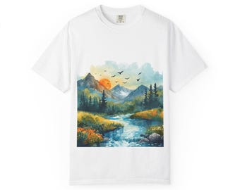 Sunset Mountain Landscape T-shirt | River, Forest, Birds Scenic Tee