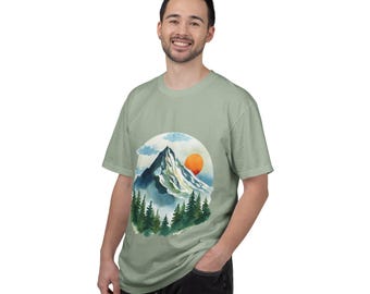 Mountain Sunrise scenic illustration T-shirt | pine forest, peak, orange sun