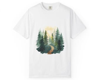 Mountain Forest Path T-Shirt | Evergreen Trees Sunrise Illustration