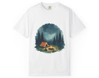 Camping Nightscape Tent and Campfire T-Shirt | Forest Moonlight Outdoor Scene