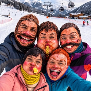 May include: Five individuals wearing realistic, full-head fabric masks featuring exaggerated facial expressions, including wide grins, braces, and mustaches. The masks are worn over winter jackets in a snowy mountain ski resort setting with ski lifts.