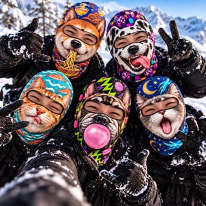 May include: Five balaclavas featuring animal faces: a Shiba Inu eating ramen, a Dalmatian with a disco pattern, an orange tabby cat, a French Bulldog blowing a pink bubble, and a cat with a moon and stars pattern, all worn in a snowy setting.