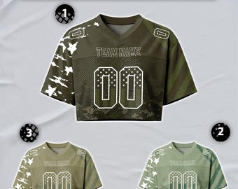 Custom Olive USA Flag Camo Football Crop Top Jersey for Women, Personalized Name Number Logo Shirt, White Green Cheer Crop Top