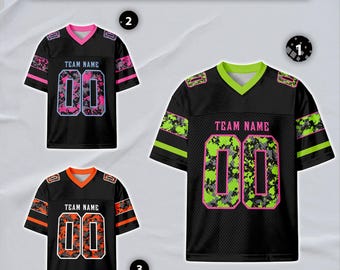 Custom Football Jersey, Black Camo Pink-Neon Green Design, Personalized Name Number Team Logo for Men Women Uniform Fan Gift