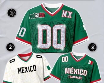 Custom Mexico Football Jersey for Women, Personalized Glitter Printed Name Number Mesh Crop Top, Green White Soccer Jersey, Mexican Shirt