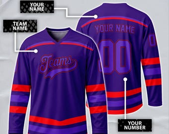 Custom Purple - Red Hockey Jersey, Personalized Name Number Logo Sports Hockey Long Sleeve for  Matching Team