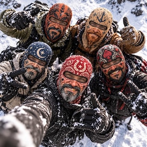 May include: Five individuals wearing patterned balaclavas in a snowy environment. The headgear features distinct designs including a red horseshoe, a blue moon and stars, a black anchor, a red spade, and an orange tribal-style pattern.