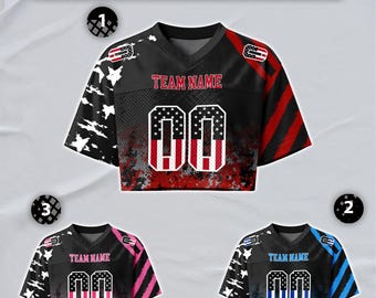 Custom USA Flag Camo Football Crop Top Jersey for Women, Personalized Name Number Logo Shirt, Black White Red Cheer Crop Top