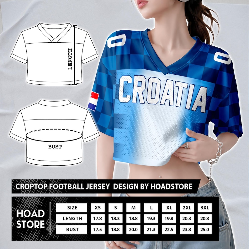 May include: A blue and white Croatia football jersey crop top with the word "CROATIA" across the front. The jersey has a V-neck and short sleeves. The image also includes a size chart with measurements for length and bust.
